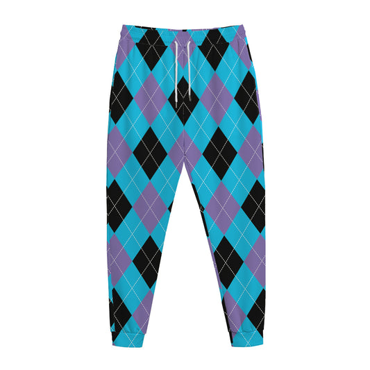 Blue Purple And Black Argyle Print Jogger Pants