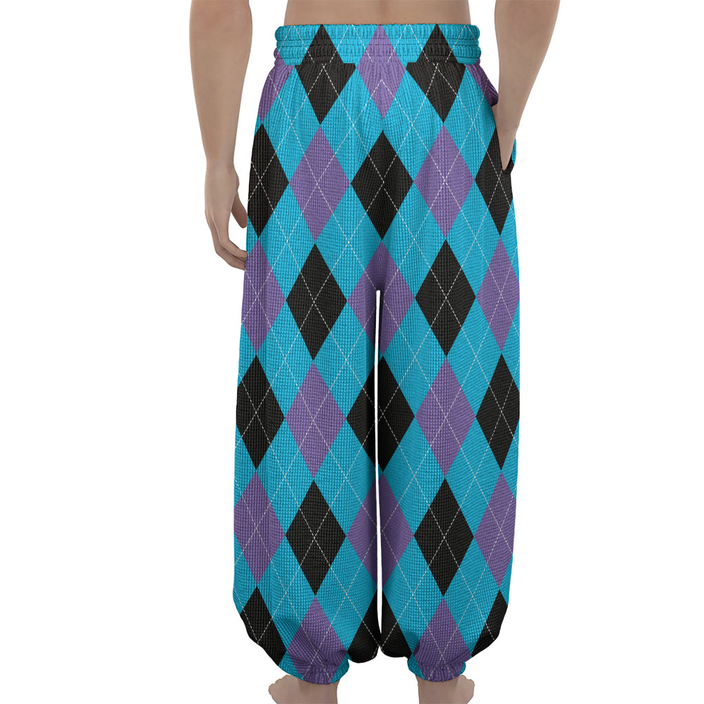 Blue Purple And Black Argyle Print Lantern Pants