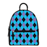 Blue Purple And Black Argyle Print Leather Backpack
