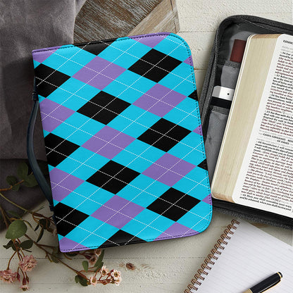 Blue Purple And Black Argyle Print Leather Bible Cover