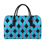 Blue Purple And Black Argyle Print Leather Duffle Bag