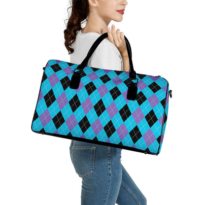 Blue Purple And Black Argyle Print Leather Duffle Bag