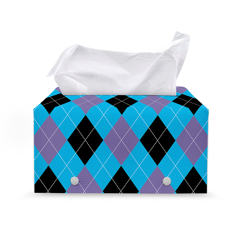 Blue Purple And Black Argyle Print Leather Tissue Box Cover