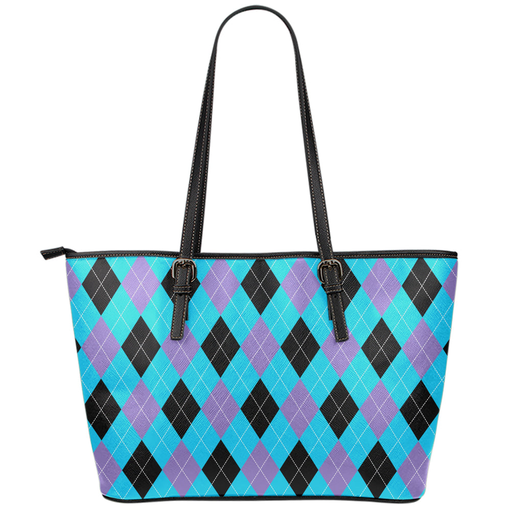 Blue Purple And Black Argyle Print Leather Tote Bag