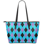 Blue Purple And Black Argyle Print Leather Tote Bag