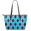 Blue Purple And Black Argyle Print Leather Tote Bag