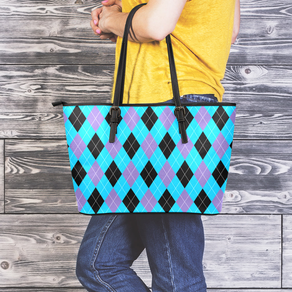 Blue Purple And Black Argyle Print Leather Tote Bag