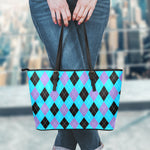 Blue Purple And Black Argyle Print Leather Tote Bag