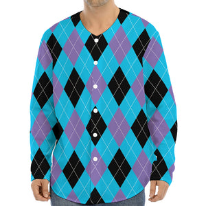 Blue Purple And Black Argyle Print Long Sleeve Baseball Jersey