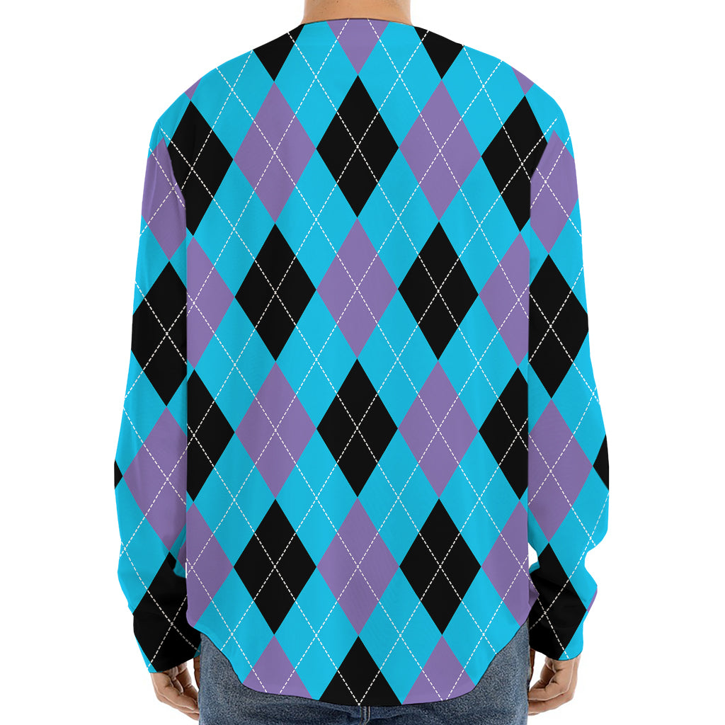 Blue Purple And Black Argyle Print Long Sleeve Baseball Jersey