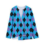 Blue Purple And Black Argyle Print Long Sleeve Short Coat