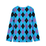 Blue Purple And Black Argyle Print Long Sleeve Short Coat
