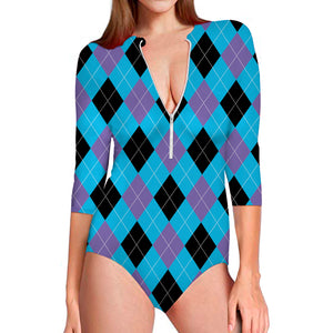 Blue Purple And Black Argyle Print Long Sleeve Swimsuit