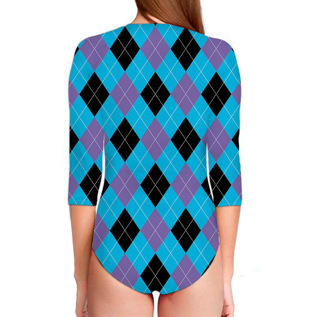 Blue Purple And Black Argyle Print Long Sleeve Swimsuit