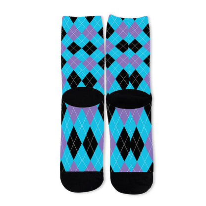 Blue Purple And Black Argyle Print Long Socks