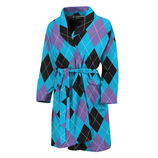 Blue Purple And Black Argyle Print Men's Bathrobe