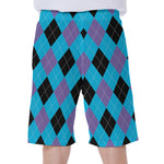 Blue Purple And Black Argyle Print Men's Beach Shorts