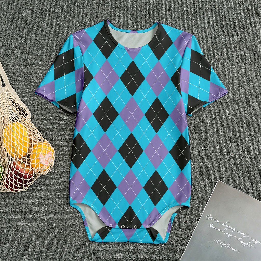 Blue Purple And Black Argyle Print Men's Bodysuit