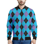 Blue Purple And Black Argyle Print Men's Bomber Jacket