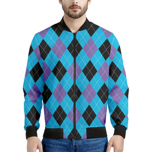 Blue Purple And Black Argyle Print Men's Bomber Jacket