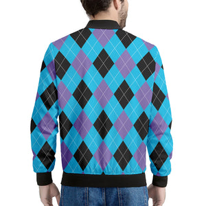 Blue Purple And Black Argyle Print Men's Bomber Jacket