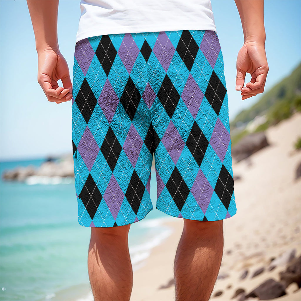Blue Purple And Black Argyle Print Men's Cargo Shorts