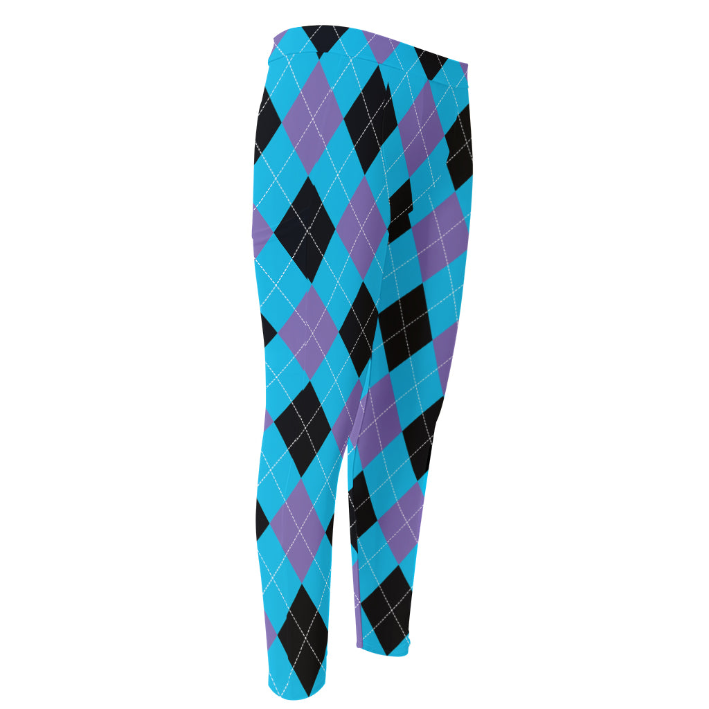 Blue Purple And Black Argyle Print Men's Compression Pants