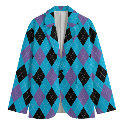 Blue Purple And Black Argyle Print Men's Cotton Blazer