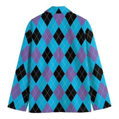Blue Purple And Black Argyle Print Men's Cotton Blazer