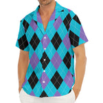 Blue Purple And Black Argyle Print Men's Deep V-Neck Shirt