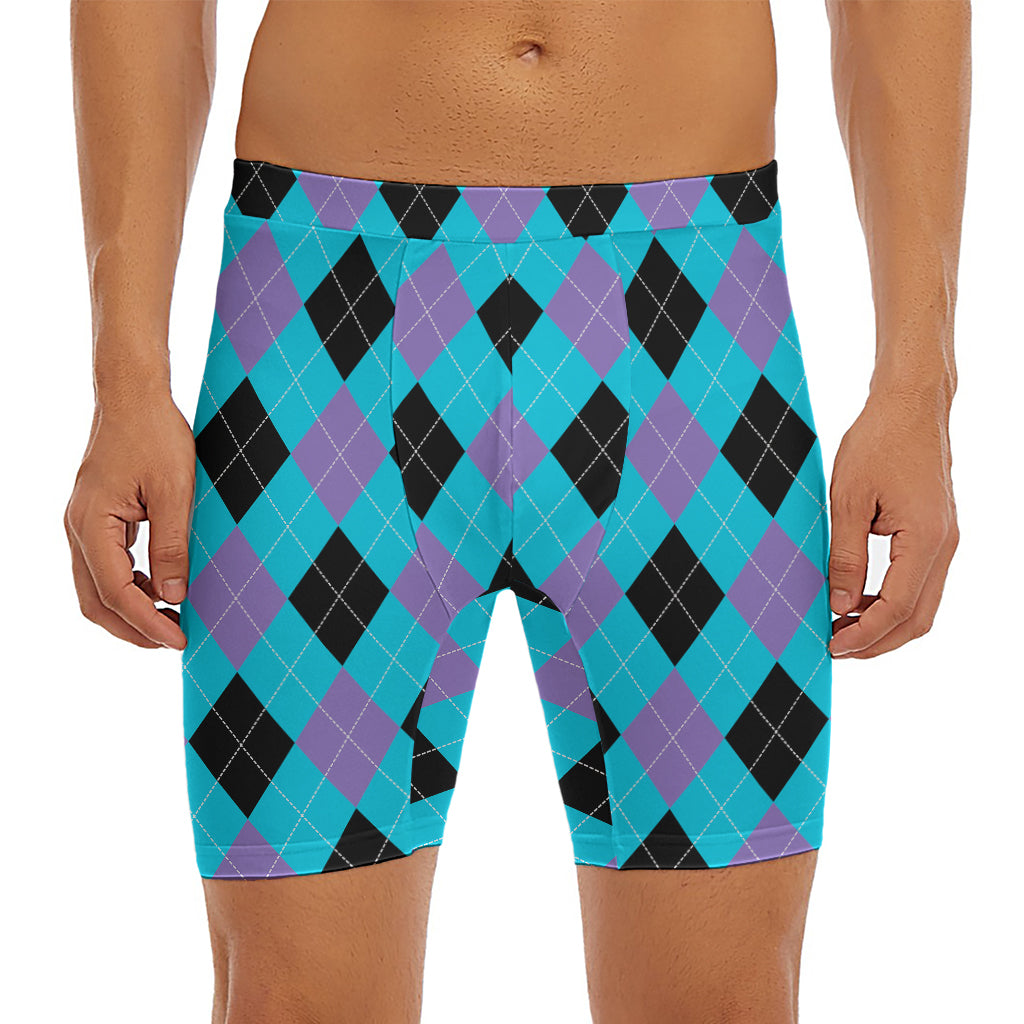 Blue Purple And Black Argyle Print Men's Long Boxer Briefs