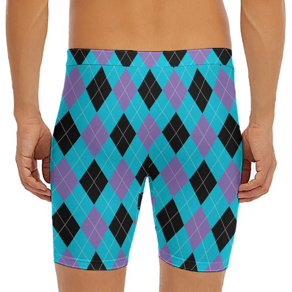 Blue Purple And Black Argyle Print Men's Long Boxer Briefs