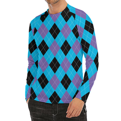 Blue Purple And Black Argyle Print Men's Long Sleeve Rash Guard
