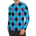 Blue Purple And Black Argyle Print Men's Long Sleeve Rash Guard
