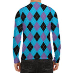 Blue Purple And Black Argyle Print Men's Long Sleeve Rash Guard