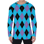 Blue Purple And Black Argyle Print Men's Long Sleeve T-Shirt