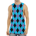 Blue Purple And Black Argyle Print Men's Muscle Tank Top