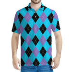 Blue Purple And Black Argyle Print Men's Polo Shirt