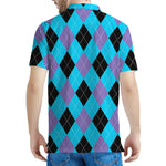 Blue Purple And Black Argyle Print Men's Polo Shirt