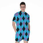 Blue Purple And Black Argyle Print Men's Rompers