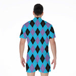 Blue Purple And Black Argyle Print Men's Rompers
