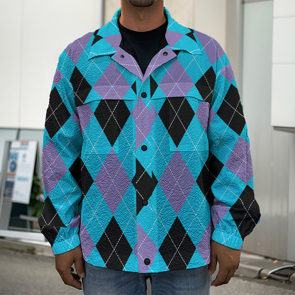 Blue Purple And Black Argyle Print Men's Shirt Jacket