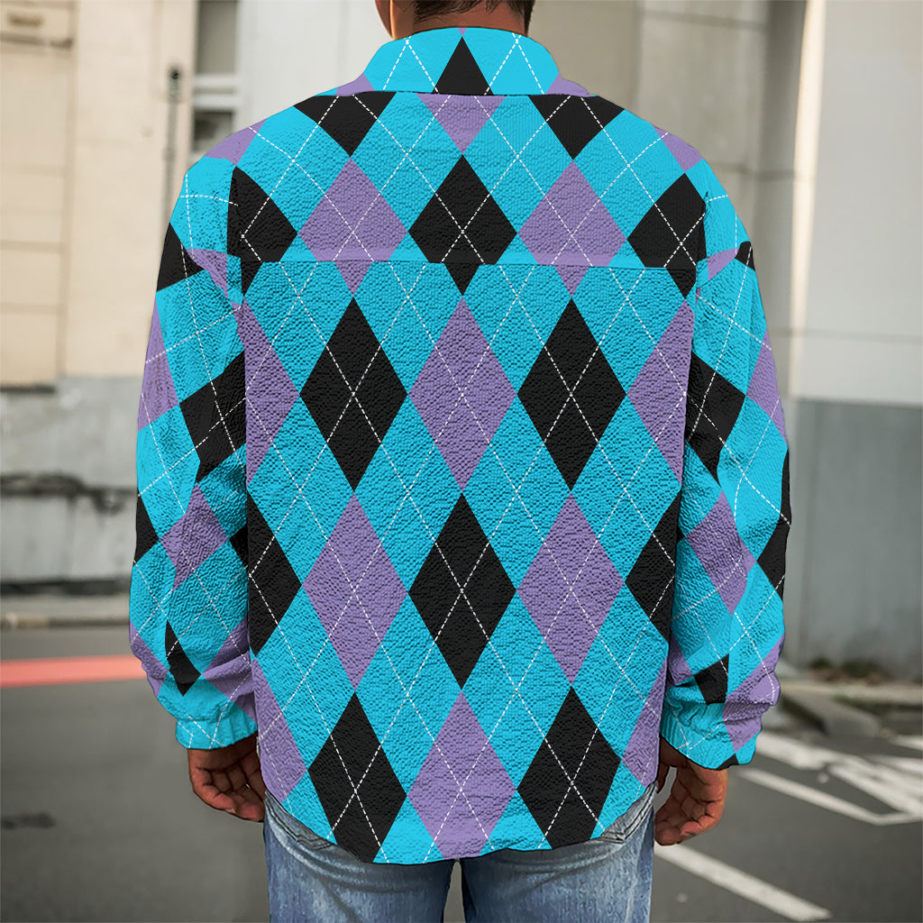 Blue Purple And Black Argyle Print Men's Shirt Jacket