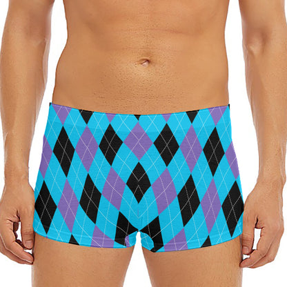 Blue Purple And Black Argyle Print Men's Short Boxer Briefs