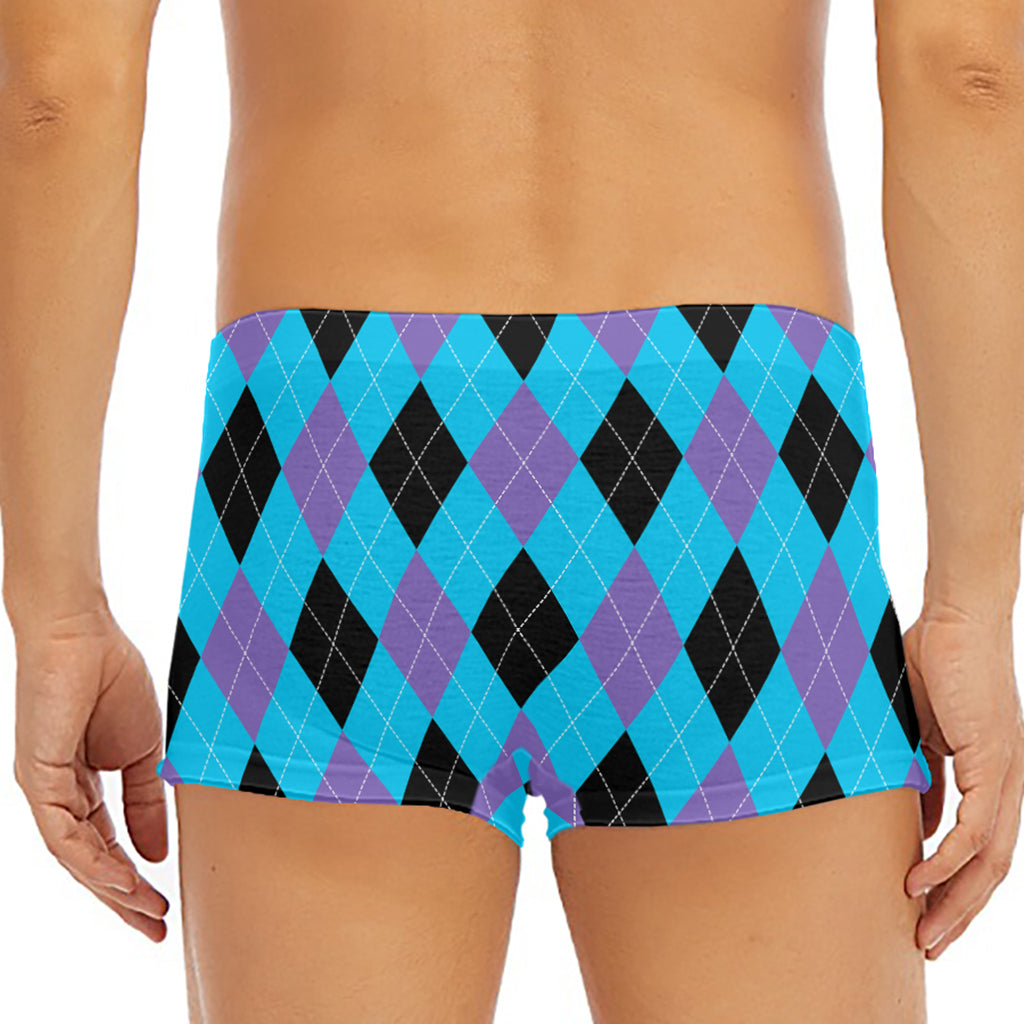 Blue Purple And Black Argyle Print Men's Short Boxer Briefs