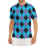 Blue Purple And Black Argyle Print Men's Short Sleeve Rash Guard