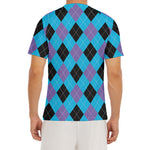 Blue Purple And Black Argyle Print Men's Short Sleeve Rash Guard