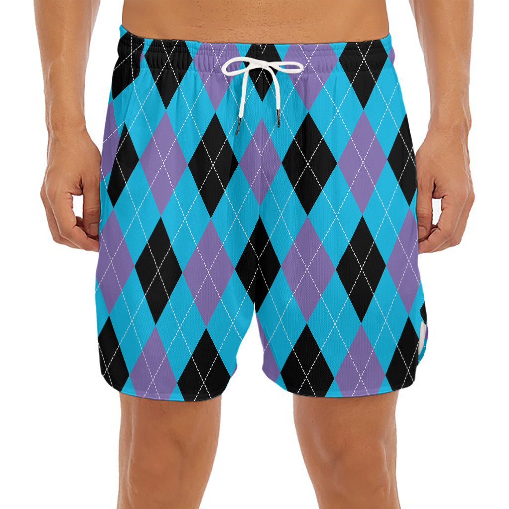 Blue Purple And Black Argyle Print Men's Split Running Shorts