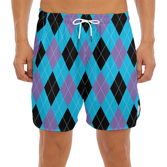 Blue Purple And Black Argyle Print Men's Split Running Shorts