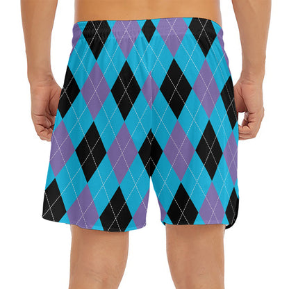 Blue Purple And Black Argyle Print Men's Split Running Shorts